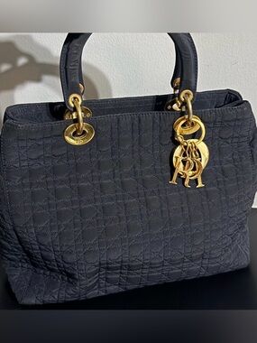 Dior Lady Dior Nylon Cannage Tote Black Gold Charm Medium Handbag